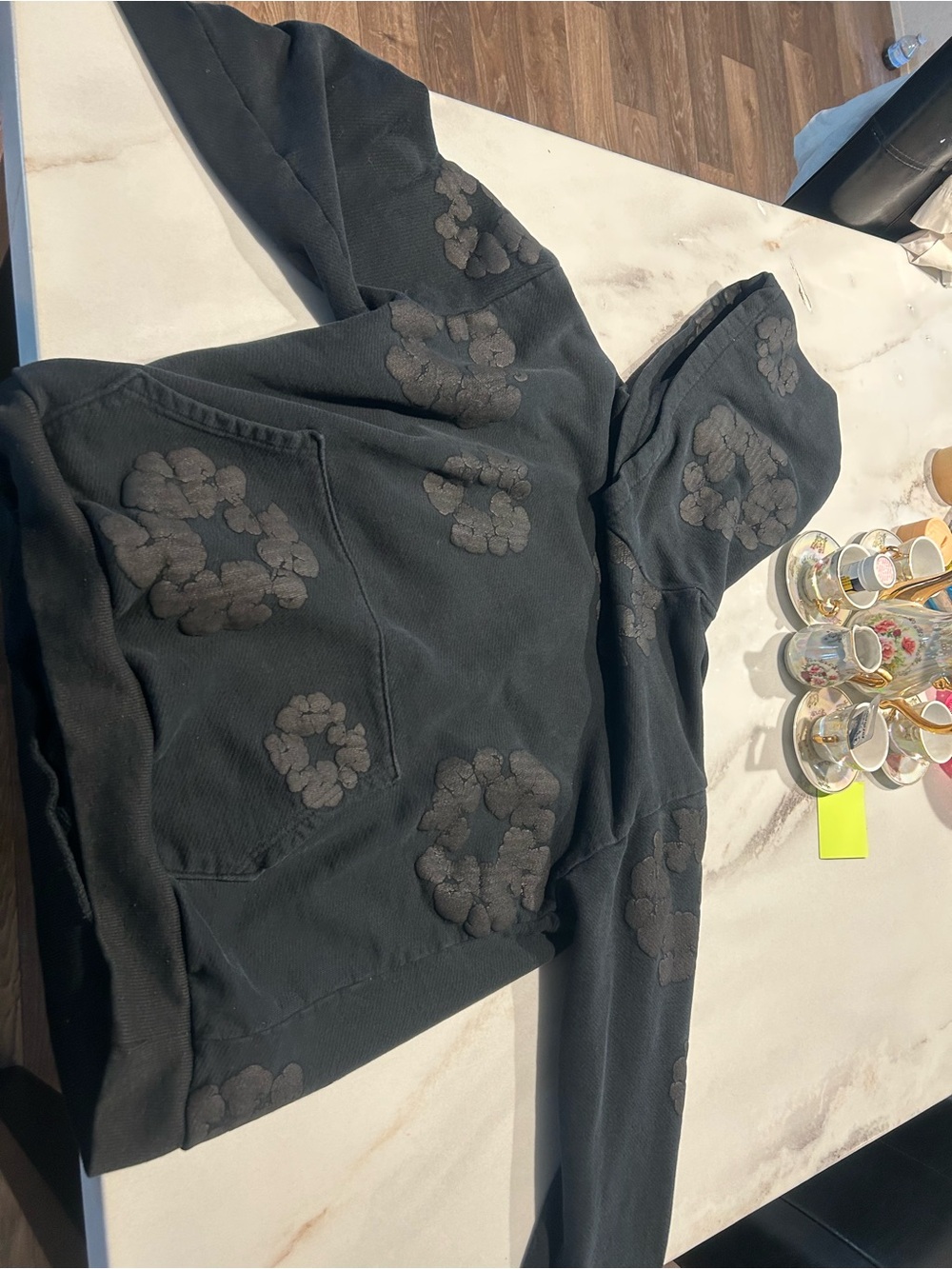 Men’s Black Performance Hoodie with Subtle Floral Patches